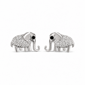 Sterling Silver Rhodium Plated Elephant Pushback Stud Earrings With Cubic Zirconia