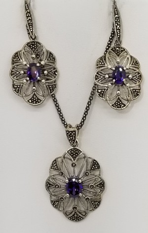 Sterling Silver Purple Marcasite Pendant Necklace & Earrings Set 