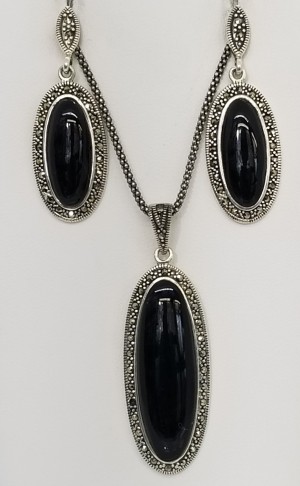 Sterling Silver Black Onyx Marcasite Pendant Necklace & Earrings Set 