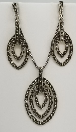 Sterling Silver Marcasite Pendant Necklace & Earrings Set 