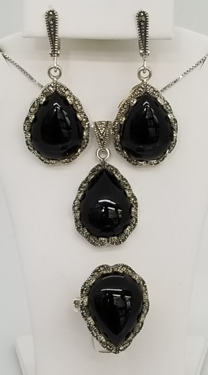 Sterling Silver Black Onyx Marcasite Pendant Necklace Earrings & Ring Set 