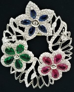 925 Sterling Silver Brooch With CZ Sapphire and Emerald