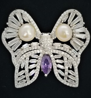 925 Sterling Silver Butterfly Brooch With CZ Amethyst and Pearl