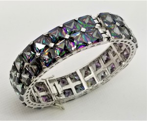 925 Sterling Silver Rhodium Tone Double Rows Mystic Topaz Bangle