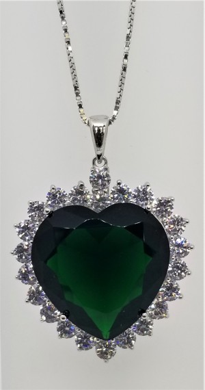 925 Sterling Silver Heart Pendant With Dark Emerald Green Topaz And CZ