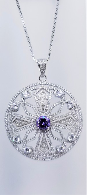 925 Sterling Silver Rhodium Tone Pendant With Amethyst And CZ Stones