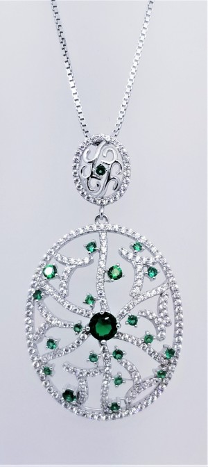 925 Sterling Silver Rhodium Tone Pendant With CZ And Emerald Stones