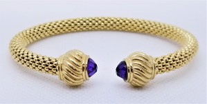 925 Sterling Silver Yellow Gold Tone Bangle With Amethyst Stones