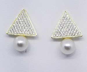 925 Sterling Silver Gold Tone Pearl Stud Earrings With Cubic Zirconia