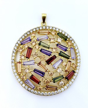 Sterling Silver Yellow Gold Plated Pendant With Multicolor CZ Stones