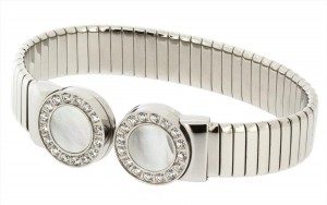 Stainless Steel Silver Tone Ladies Bangle With Pearl And CZ Stones