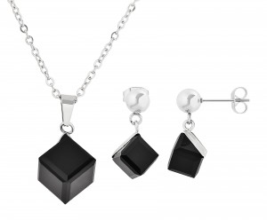 Stainless Steel Pendant & Earrings Set With Black Stone 18 Inches Long With 2 Inches Extension