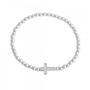 Stainless Steel Silver Tone Cross CZ beads Bracelet