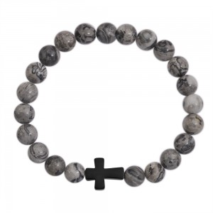 Stainless Steel Sandy Grey Marble Cross Beaded Bracelet
