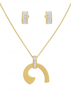 Stainless Steel Gold Tone Earring & Pendant Set With CZ Stones 17 Inches Long With 2 Inches Extension