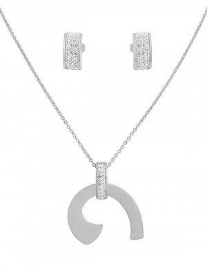 Stainless Steel Silver Tone Earring & Pendant Set With CZ Stones 17 Inches Long With 2 Inches Extension