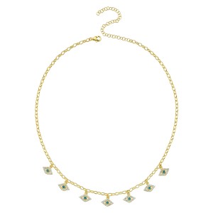 Sterling Silver Yellow Gold Plated Evil Eye Charm Necklace With Turquoise & Cubic Zirconia
