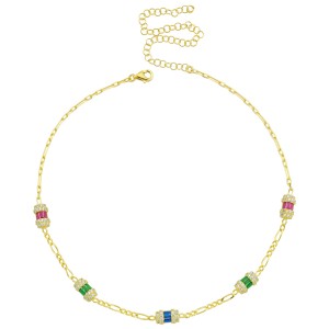 Sterling Silver Yellow Gold Plated Square Baguette Station Necklace With Multicolor Cubic Zirconia