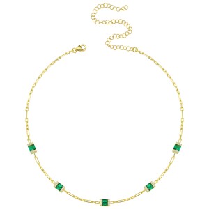 Sterling Silver Yellow Gold Plated Square Baguette Station Necklace With White & Emerald Cubic Zirconia