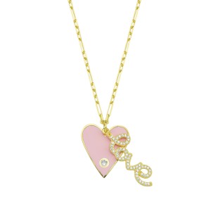 Sterling Silver Yellow Gold Plated Heart & Love Necklace With Light Pink Enamel & White Cubic Zirconia