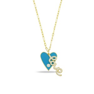 Sterling Silver Yellow Gold Plated Heart & Love Necklace With Turquoise Enamel & White Cubic Zirconia