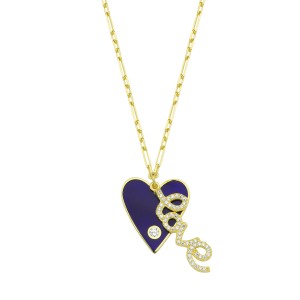 Sterling Silver Yellow Gold Plated Heart & Love Necklace With Navy Blue Enamel & White Cubic Zirconia