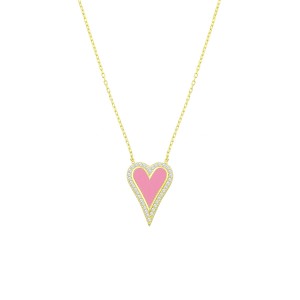 Sterling Silver Yellow Gold Plated Baby Pink Enamel Heart Necklace With Cubic Zirconia