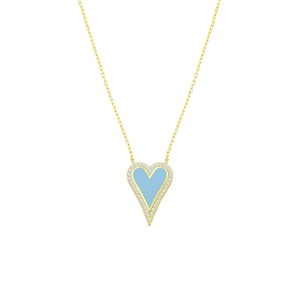 Sterling Silver Yellow Gold Plated Light Blue Enamel Heart Necklace With Cubic Zirconia