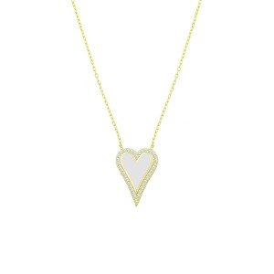 Sterling Silver Yellow Gold Plated White Enamel Heart Necklace With Cubic Zirconia