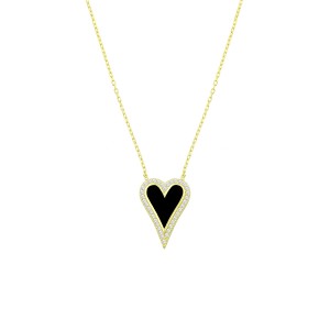 Sterling Silver Yellow Gold Plated Black Enamel Heart Necklace With Cubic Zirconia