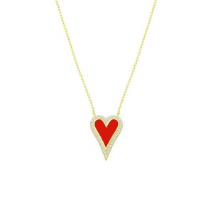 Sterling Silver Yellow Gold Plated Red Enamel Heart Necklace With Cubic Zirconia
