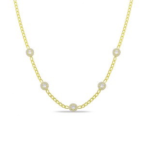 Sterling Silver Yellow Gold Plated Cuban Link Dainty Circle Station Necklace With White Cubic Zirconia