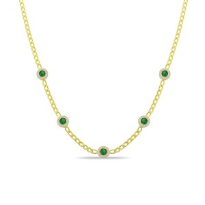 Sterling Silver Yellow Gold Plated Cuban Link Dainty Circle Station Necklace With White & Green Cubic Zirconia