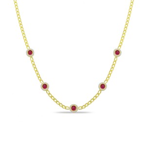 Sterling Silver Yellow Gold Plated Cuban Link Dainty Circle Station Necklace With White & Ruby Cubic Zirconia