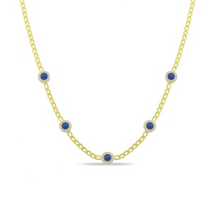 Sterling Silver Yellow Gold Plated Cuban Link Dainty Circle Station Necklace With White & Sapphire Cubic Zirconia