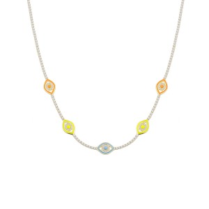 Sterling Silver Yellow Gold Plated Evil Eye Station Necklace With Multicolor Enamel & Cubic Zirconia