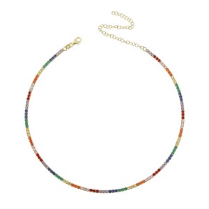 Sterling Silver Yellow Gold Plated Dainty Tennis Choker Necklace With Multicolor CZ