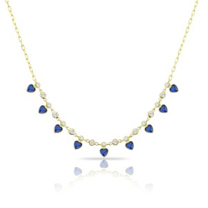 Sterling Silver Yellow Gold Plated Heart Charm Necklace With White & Sapphire Cubic Zirconia