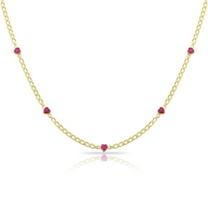 Sterling Silver Cuban Link Heart Station Necklace With Ruby Cubic Zirconia