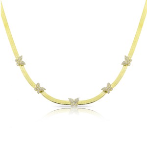 Sterling Silver Yellow Gold Plated Butterfly Charm Herringbone Necklace With White Cubic Zirconia