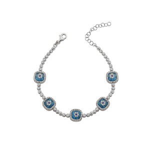 Sterling Silver Rhodium Plated Evil Eye Tennis Bracelet With Blue Glass & Cubic Zirconia