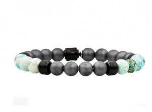 Men's Genuine African Turquoise And Hematite Black Plated Stainless Steel Beaded Bracelet