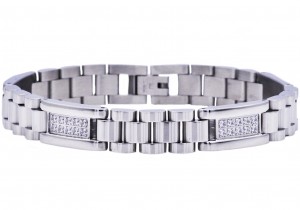 Stainless Steel Men's Polished Link Bracelet With Cubic Zirconia