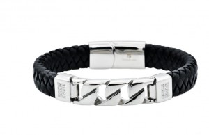 Stainless Steel Mens Black Leather Curb Link Bracelet With Cubic Zirconia