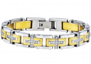 Stainless Steel Men's Gold Cross Bracelet With Cubic Zirconia