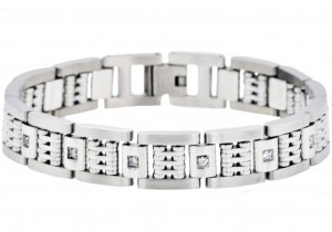 Stainless Steel Men's Matte Finish Bracelet With Cubic Zirconia And Polished Steel Parts
