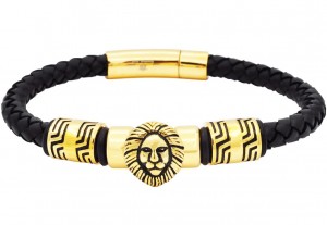 Stainless Steel Men's Lion's Head Black Leather Gold Bracelet
