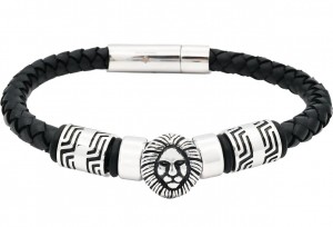 Stainless Steel Men's Lion's Head Black Leather Bracelet