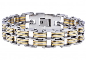 Stainless Steel Men's Two Tone Gold Double Link Wide Bracelet