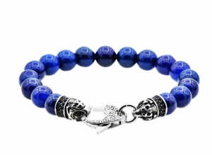 Men's Genuine Blue Onyx Stainless Steel Beaded Bracelet